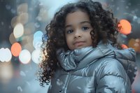 Young African American girl with natural curly hair wearing silver winter puffer jacket against blurred bokeh lights and falling snow, expressing confidence and joy.