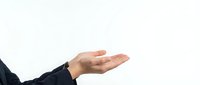 Professional businessman hand gesture presenting open palm for product placement or promotional content on clean white background.