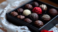 Assorted luxury chocolate truffles and pralines in elegant black gift box with dark, milk, and white chocolate varieties decorated with delicate stripes and sprinkles.