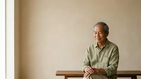 Mature man with gray hair and light skin tone, wearing a sage green button-up shirt, leaning against a wooden railing in a minimalist interior space with neutral beige walls and natural light from the side.