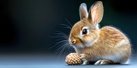 Adorable brown bunny rabbit with blue eyes sitting next to pine cone on gray background. Soft fur detail and whiskers visible in side profile view. For greeting cards and nature designs.