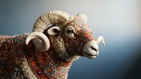 Ornate ram sculpture with intricate carved patterns and decorative motifs on textured surface against gradient background for artistic projects.