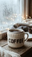 Steaming coffee mug in knit cozy on rustic wooden windowsill with pine cones, fairy lights, and rainy window in cozy winter setting.