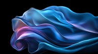 Ethereal flowing silk fabric in vibrant blue and pink creates dynamic waves and curves against black background, showcasing smooth glossy texture and graceful movement.