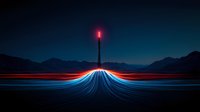 Long exposure light trails converging at red warning light on mountain road at dusk, blue and red streaks against dark landscape create futuristic effect.