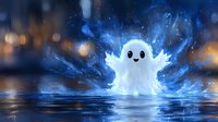 Glowing ghost character emerging from misty water at night with blue ethereal light effects and bokeh background, creating magical fantasy atmosphere.