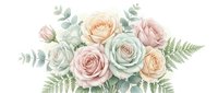 Watercolor floral bouquet with soft pink, peach and sage green roses with eucalyptus leaves on white background for wedding invitations and romantic designs.