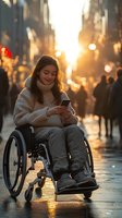 Young woman in wheelchair using smartphone on sunny city street during golden hour sunset with warm bokeh lights and urban atmosphere.