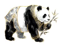 Giant panda wearing ornate gold and silver decorative robes, holding bamboo branch, isolated on white background for design and print applications.