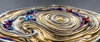 Abstract golden liquid metal swirls with colorful gemstones creating dynamic flowing patterns for luxury design and jewelry concepts.