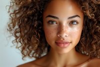Beautiful young African American woman with natural curly hair and freckles smiling at camera. Close up beauty portrait perfect for cosmetic, skincare, and natural beauty advertising.