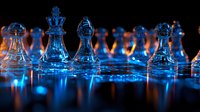 Glass chess pieces on dark reflective surface with dramatic blue and orange lighting creating atmospheric mood for strategy and competition concepts.