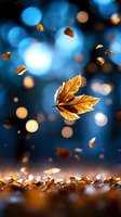 Golden autumn leaf floating in air against dark blue bokeh background with scattered fallen foliage and magical light effects, seasonal nature composition.