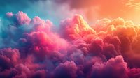 Dramatic pink and orange clouds illuminated by sunset create ethereal atmosphere with turquoise sky background, perfect for inspirational designs, book covers and spiritual concepts.
