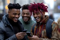 Three young African American men laughing while looking at their mobile phones outdoors. Genuine friendship moment captured in urban setting with natural expressions and casual winter attire.
