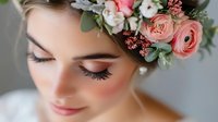 Young bride with closed eyes wearing delicate floral crown of pink roses and eucalyptus leaves for wedding ceremony and bridal portrait photography.
