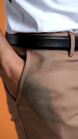 Close-up view of man's hip area wearing formal beige chinos with black leather belt and white shirt, showing pocket detail against orange background.