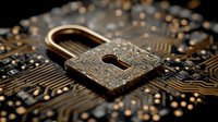 Cybersecurity concept with golden padlock on circuit board background representing data protection and digital security technology solutions.