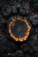 Charred wood logs with glowing orange embers and ash after fire, showing burnt timber texture and annual rings for rustic and natural design projects.