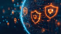 Glowing orange shield icons with digital code background in dark blue tones represent cybersecurity and data protection concept in modern network.