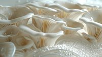 Fresh oyster mushrooms in rows showing delicate gills and white caps with water droplets, macro photography highlighting natural texture and patterns.