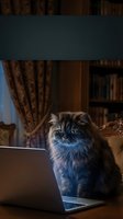 Fluffy tabby kitten with blue eyes sitting on laptop computer in cozy home library with bookshelves and elegant curtains for remote work concepts.