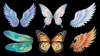 Six colorful fantasy wings set isolated on transparent background, ready for stickers, t-shirt design, print on demand, sublimation, and clipart use.
