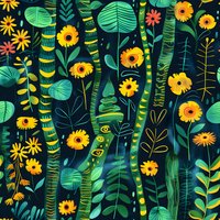 Vibrant seamless pattern featuring whimsical jungle flora with yellow sunflowers and emerald leaves on dark background, perfect for textile, wallpaper and surface design projects.