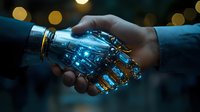 Futuristic robotic and human hands joining in handshake with glowing blue light effects against dark background, symbolizing collaboration between AI and humanity.