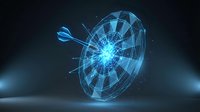 Futuristic digital dartboard with glowing blue wireframe design and dart hitting bullseye center on dark background for business targeting concepts.