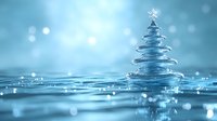 Magical spiral Christmas tree made of clear water with star on top against blue bokeh background, floating on rippling water surface with sparkles and reflections.
