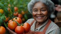 Senior African American woman with gray hair smiling warmly while harvesting fresh ripe tomatoes in garden, wearing beige gardening apron, representing active aging and healthy lifestyle.