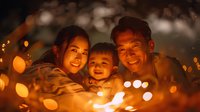 Asian family with young child smiling together in warm evening light with bokeh effect creating magical atmosphere for family portraits.