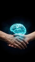 Glowing brain hologram floating above joined hands representing knowledge transfer, mentorship, and intergenerational wisdom sharing on dark background.