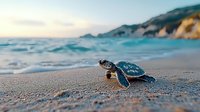 Baby sea turtle making its way to ocean at sunrise on sandy beach with turquoise waves and coastal cliffs in background, close up nature photography.