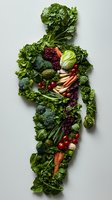 Fresh vegetables and greens arranged in human body silhouette on gray background. Creative healthy eating and nutrition concept for wellness lifestyle.