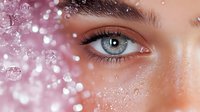 Close-up of woman's blue eye with sparkling pink glitter makeup and floating bubbles creating magical beauty look for cosmetics and skincare concepts.