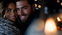 Romantic close-up portrait of young couple smiling and embracing in cozy winter sweaters with warm bokeh lights creating intimate atmosphere in evening setting.