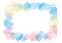Watercolor frame border with soft pastel blue pink yellow splashes on white background for wedding invitations greeting cards design projects.