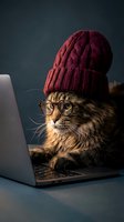 Maine Coon cat wearing burgundy knit beanie and glasses working on laptop computer. Funny pet portrait for remote work and technology concepts.