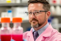 Caucasian male scientist in pink lab coat and glasses examining red liquid samples in laboratory setting, focused expression shows attention to research details.