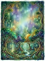 Enchanted forest landscape with ancient trees framing magical glowing lights, mystical aurora, and ethereal atmosphere. Perfect for fantasy book covers, wallpapers, and creative projects.