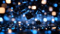 Glowing ice cubes floating in dark space with blue and warm bokeh lights creating magical atmosphere. Frozen water drops and reflective surface add depth to composition.