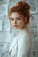 Young woman with natural red hair in messy bun, freckles and blue eyes wearing white blazer, posing against newspaper wall background in soft vintage style lighting.