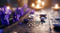 Purple delphinium flowers with healing stones and burning candles on rustic wooden surface create peaceful spa and meditation atmosphere.