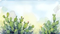 Watercolor desert landscape with green prickly pear cactus plants under soft pastel sky. Hand drawn botanical illustration for nature designs.