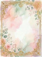 Watercolor floral frame with soft pink roses, eucalyptus leaves, and ornate gold corners on cream background. Isolated design element ready for invitations, cards, and stationery projects.
