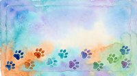 Colorful watercolor paw prints in rainbow hues arranged in a row across gradient background, suitable for pet-related designs, greeting cards, and animal-themed projects.