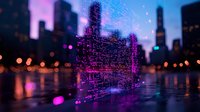 Futuristic cityscape with glowing purple digital matrix overlay against blurred urban skyline and water reflection at dusk, creating cyberpunk atmosphere.
