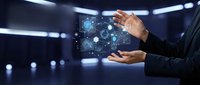 Professional businessman hands presenting holographic digital network interface with glowing connections and data visualization in modern tech environment.